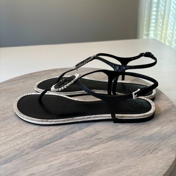 Tory Burch Miller Thong Sandals Black White Logo Leather Flip Flops Size 7M 7 M - Picture 3 of 8